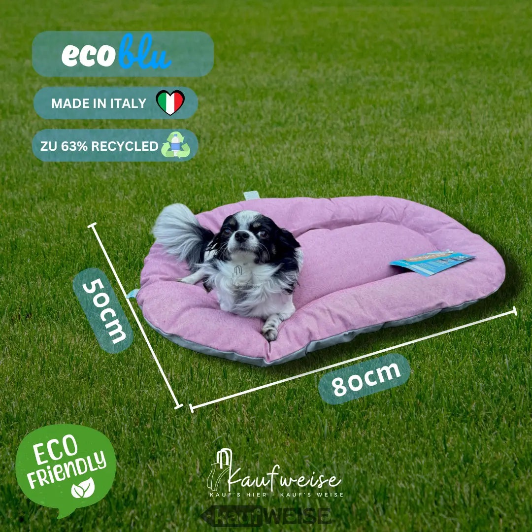 Buntes rosa Hundebett mit Hund, recyceltes Tierkissen aus Italien
