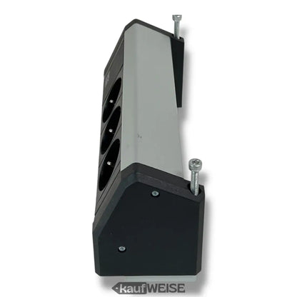 Graue und schwarze vertikale Tischsteckdose mit mehreren Steckdosen und Halterung