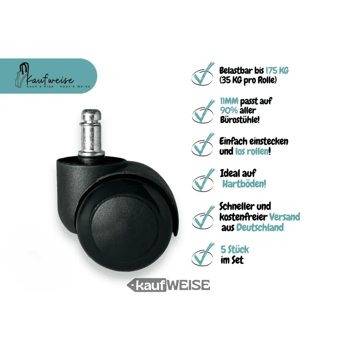 Bürostuhlrollen schwarz mit Metallstiel, kratzfrei und leise für Parkett Laminat