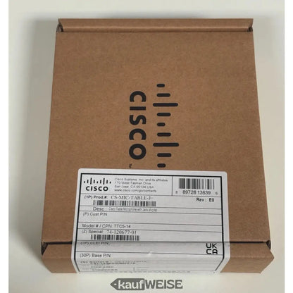Braune Pappschachtel mit Cisco Systems Produktlabel für Webex Room 55 Mikrofon