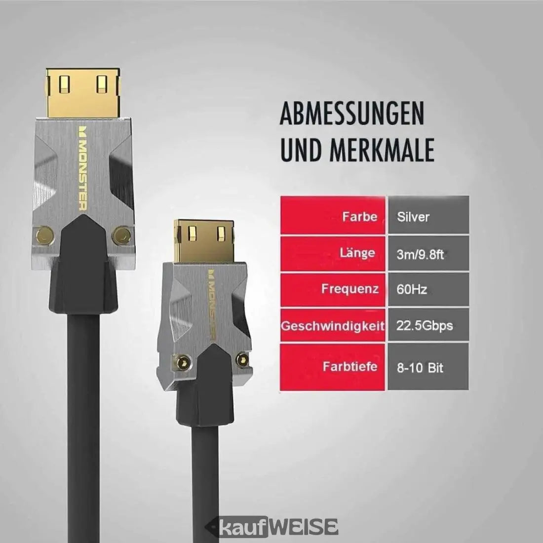 Silbernes HDMI-Kabel Monster M1000 mit Ethernet und 4K HDR10 Spezifikationen