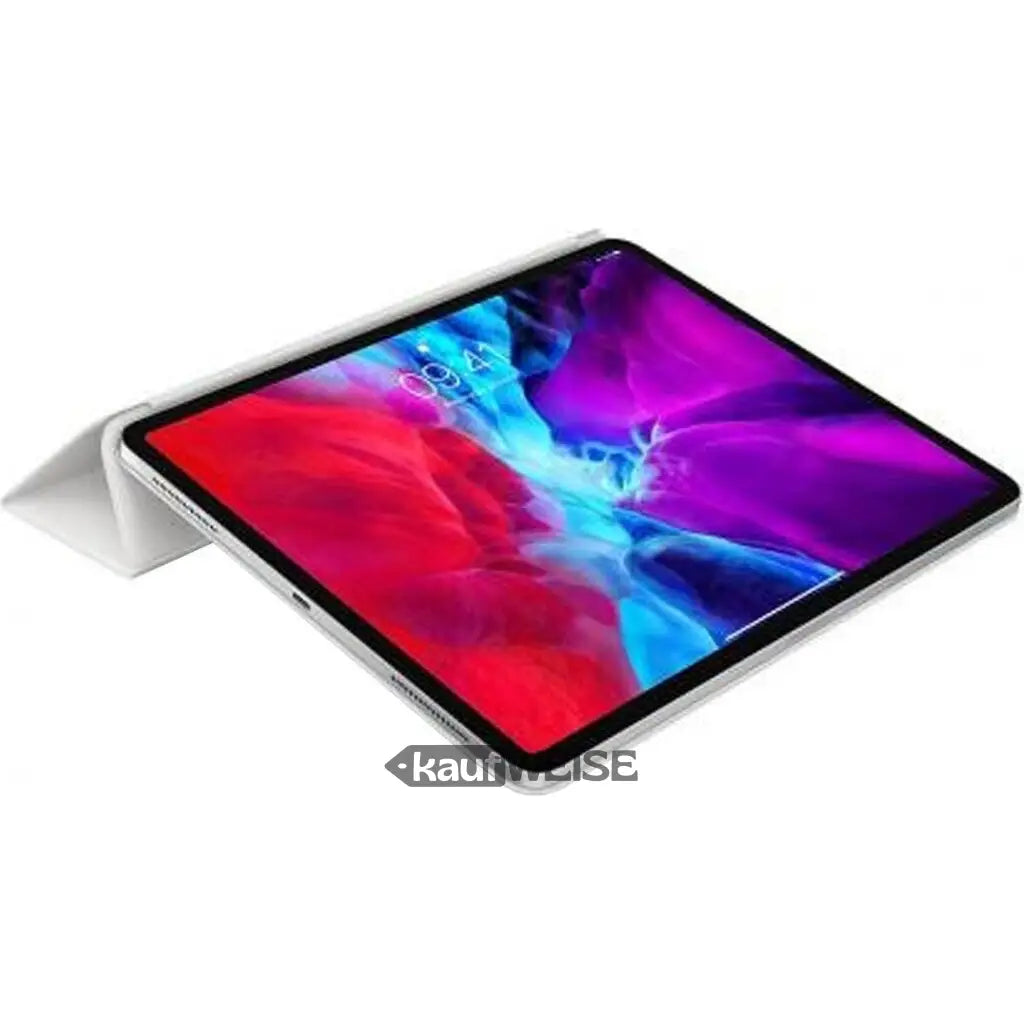 Silbernes iPad Pro 12,9 Zoll mit bunter Bildschirm und Stylus in weißer Hülle