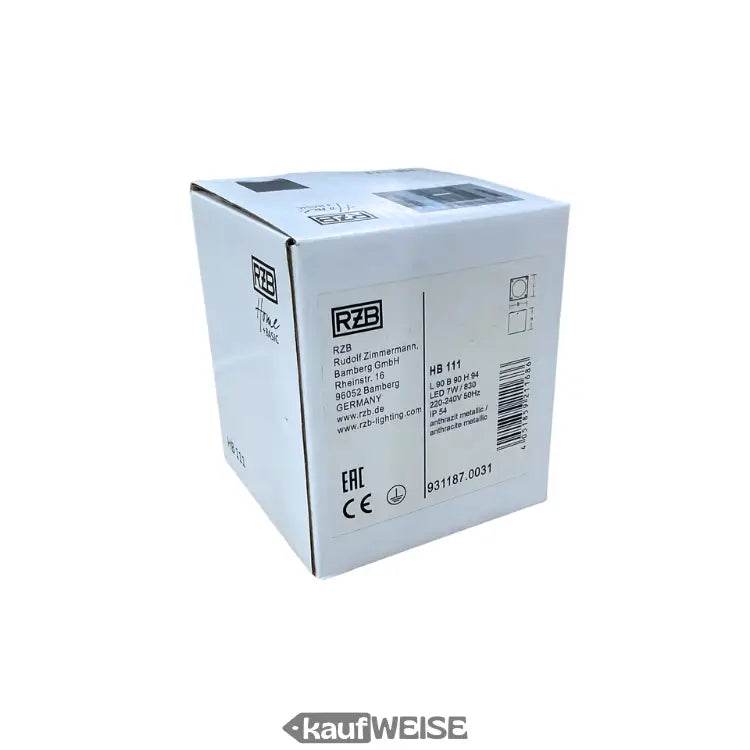 Weiße Box mit schwarzem Text und Logo für RZB HB 111 LED Aufbaudownlight 7W