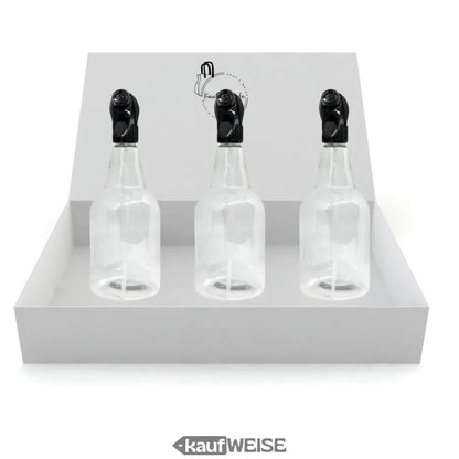 Drei transparente Sprühflaschen in einer weißen Box, ideal für Reinigung und Pflege