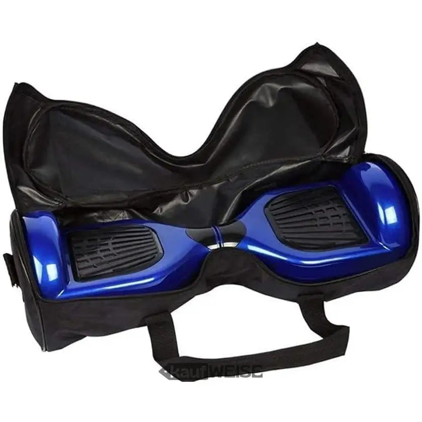 Blaues Hoverboard in schwarzer Schutztasche mit weißem Hoverboard-Print