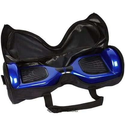 Blaues Hoverboard in schwarzer Schutztasche mit weißem Hoverboard-Print